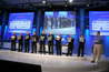Intel’s Pat Gelsinger, senior vice president, general manager, of Intel’s Digital Enterprise Group, (far right) has members of Intel’s demonstration team showoff mother boards during the “Hardware of Choice ATCA” platform parade, held during Gelsinger’s keynote at the Intel Developer Forum Spring 2006, held at the Moscone West in San Francisco, Calif., on Tuesday, March 7, 2006.