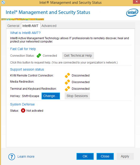 Intel Management and Security Status Intel A M T tab