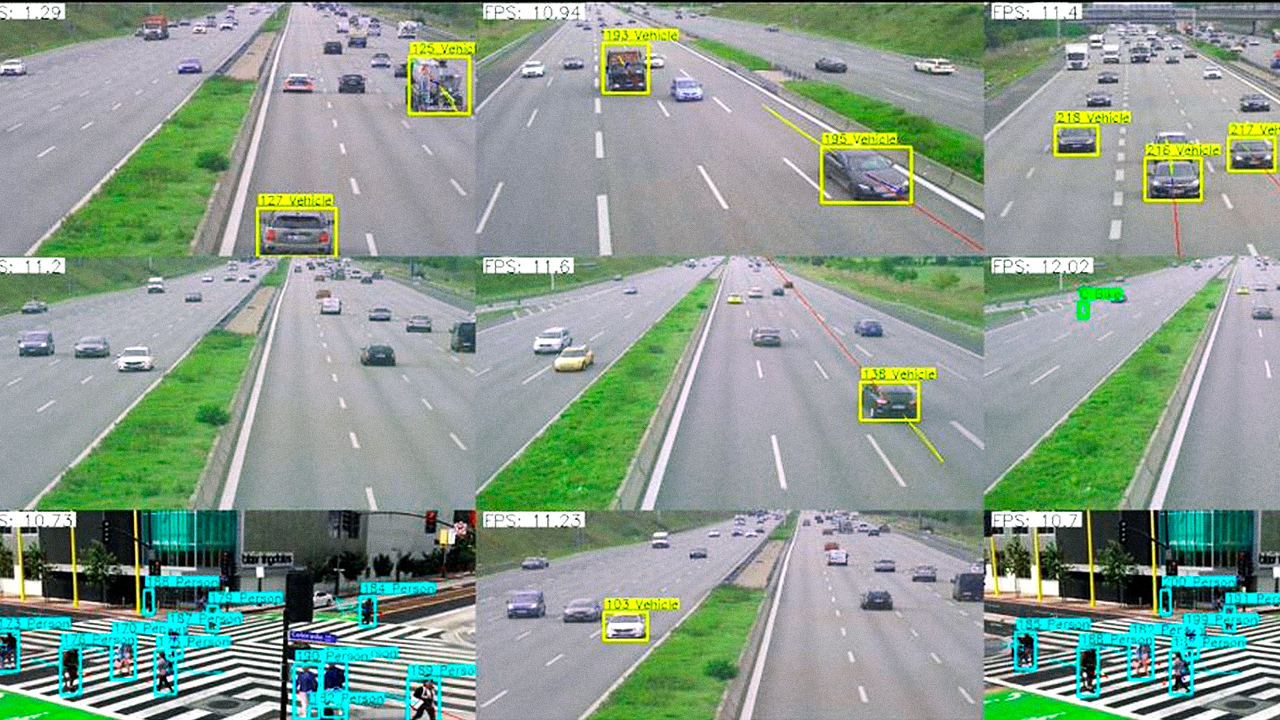 A grid of 8 surveillance camera video feeds. In each feed, detected cars are brightly outlined with yellow and detected pedestrians are brightly outlined with blue.