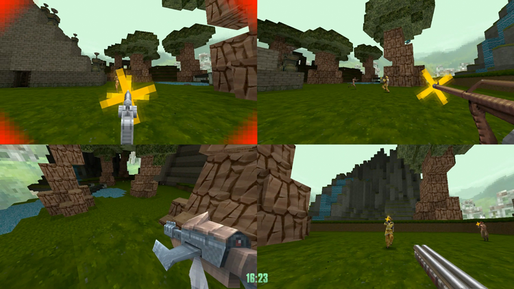 Screenshot of split screen FPS shooter action in a game world