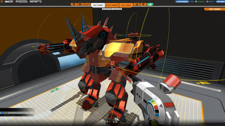 Screenshot of a battle bot being built in a 3d environment