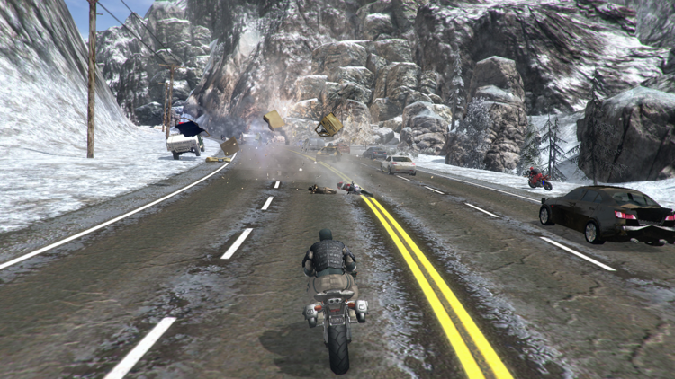 Screenshot of fast motorcycle running into a car crash, in a winter snowy pass
