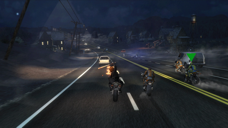 Screenshot of high speed motorcycle chase, at night. Biker with a pumpkin on his head attacks other with a baseball bat