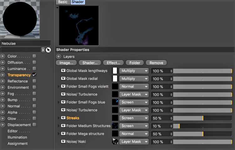 Screenshot of parameters to set to create nebulae