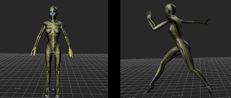 rigged C G mesh model merged with a motion capture animation 