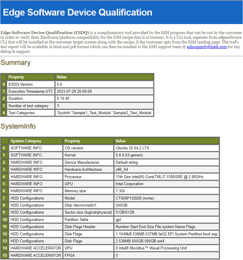 Screenshot of the Test Summary that contains a summary and SystemInfo.