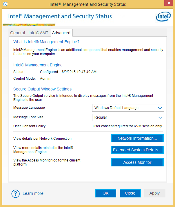Intel Management and Security Status Advanced tab