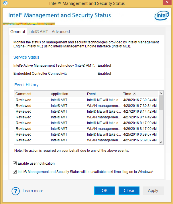 Intel Management and Security Status Intel A M T tab