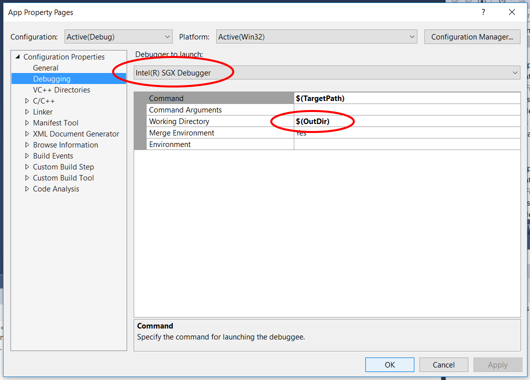 Intel SGX SDK for Windows Visual Studio Setting Debugger