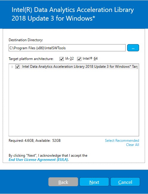 A dialog window, which enables to choose destination directory and target platform. Next button enables to accept license agreement and start installation 