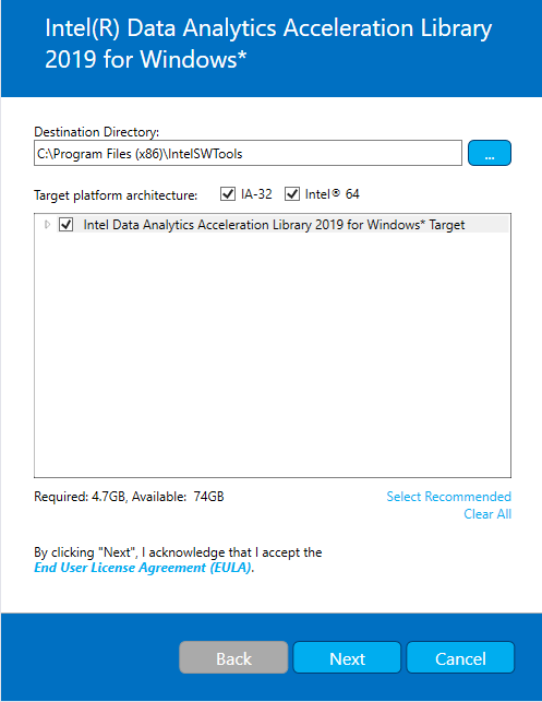 A dialog window, which enables to choose destination directory and target platform. Next button enables to accept license agreement and start installation 