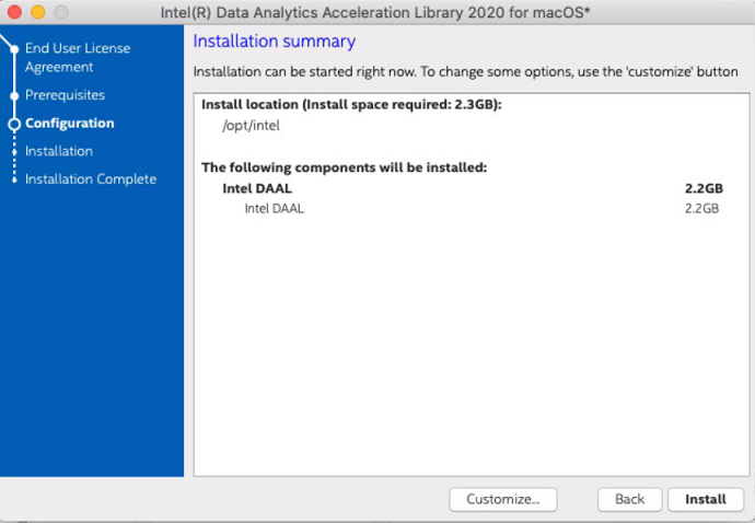 A dialog window, which shows an installation summary and enables to customize installation