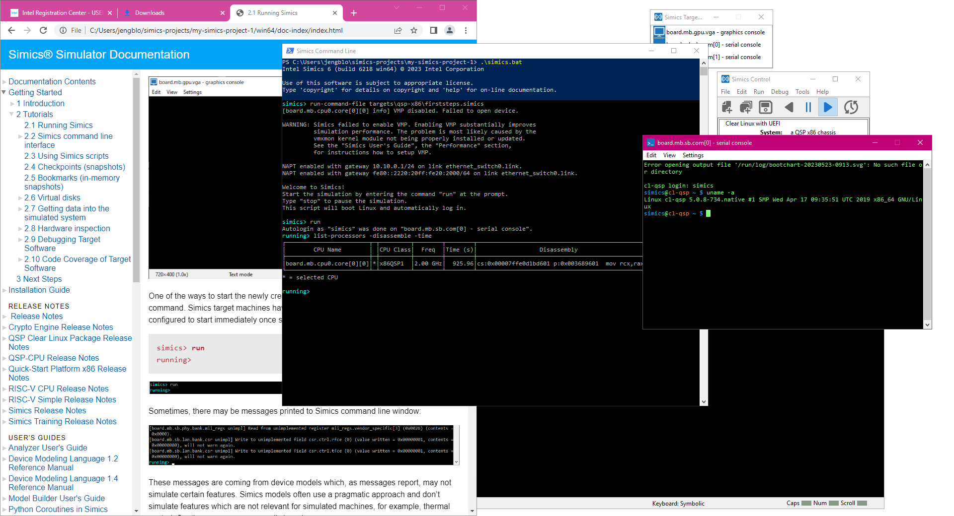 Working through the early parts of the Intel Simics simulator get started tutorial, showing the documentation in a web browser and the simulator running the firststeps.simics script