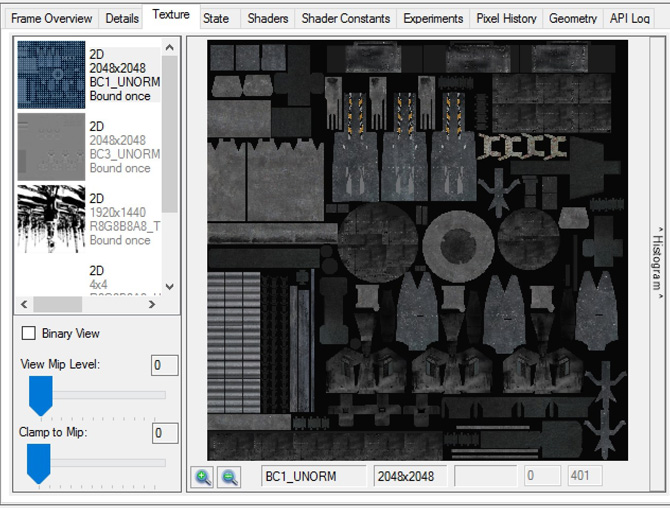 View of textures used in a few draw calls