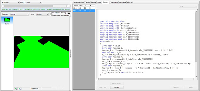 Editing a shader to output a hardcoded green value, making the draw call 57.7% faster