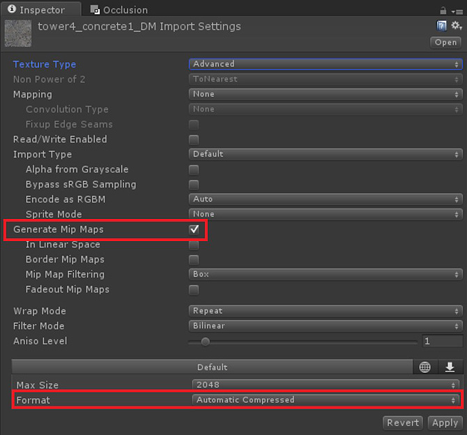 Compressing textures and generating mips on the Inspector tab for selected texture