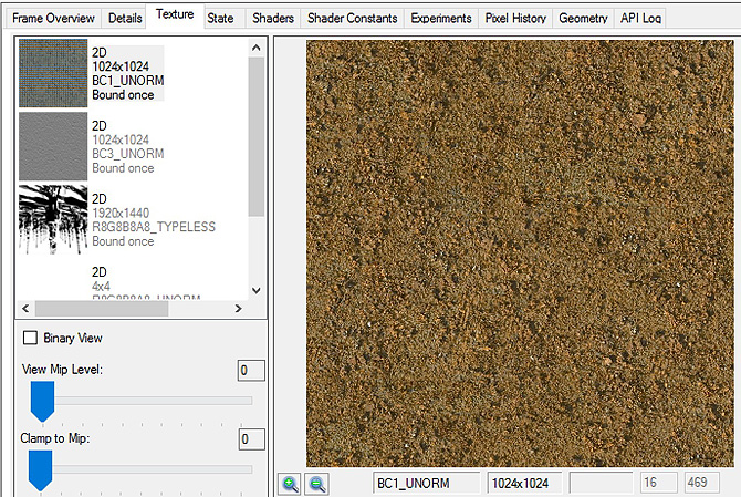 Viewing the 4th MIP level and format of the texture in the Frame Analyzer