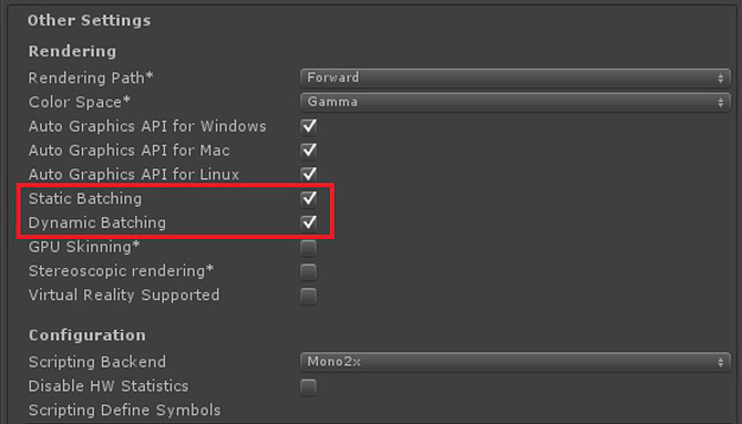 Static and Dynamic Batching checkboxes under Rendering in Other Settings