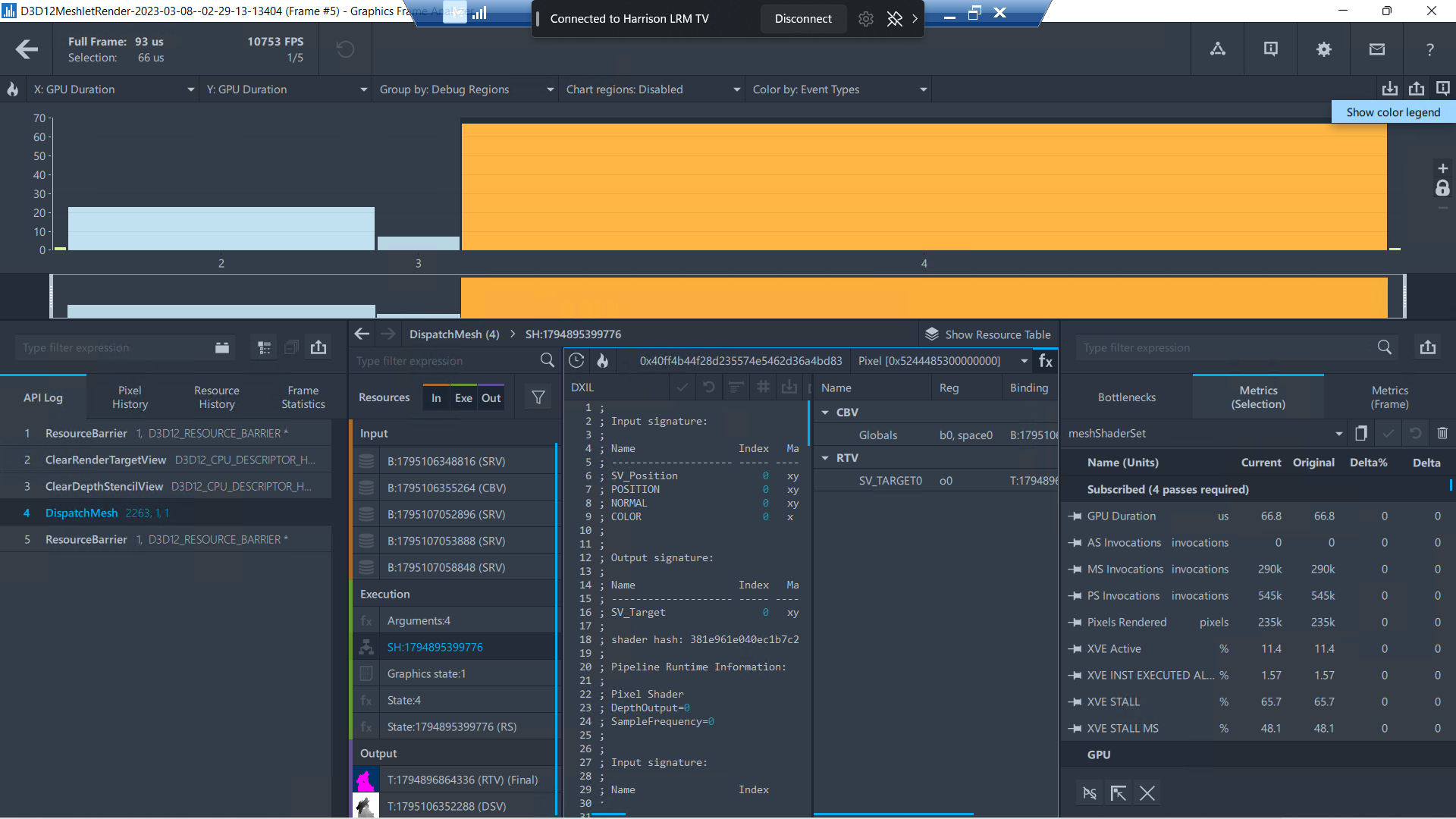 Mesh Shader DispatchMesh API call and performance data shown.