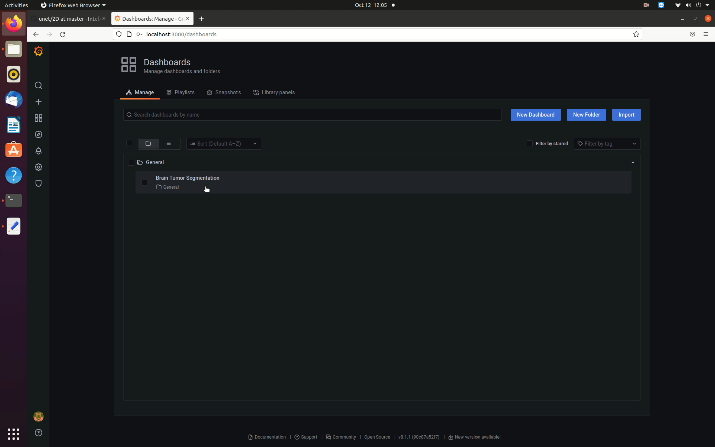 A browser window showing the Grafana Dashboards menu. The List of Available Dashboards is shown.
