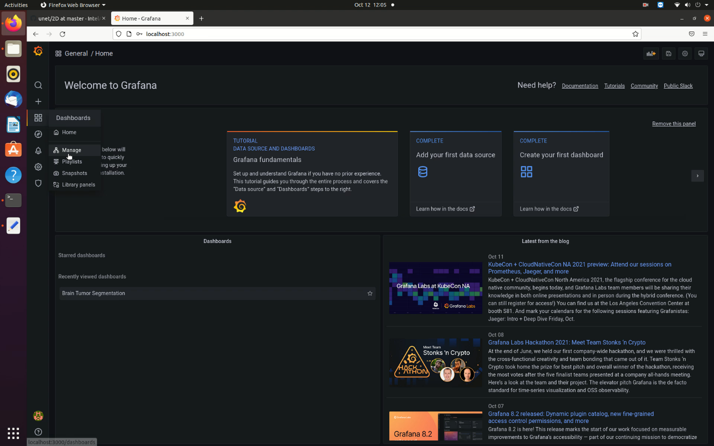 A browser window showing the Grafana Dashboards menu. The Manage option is highlighted.