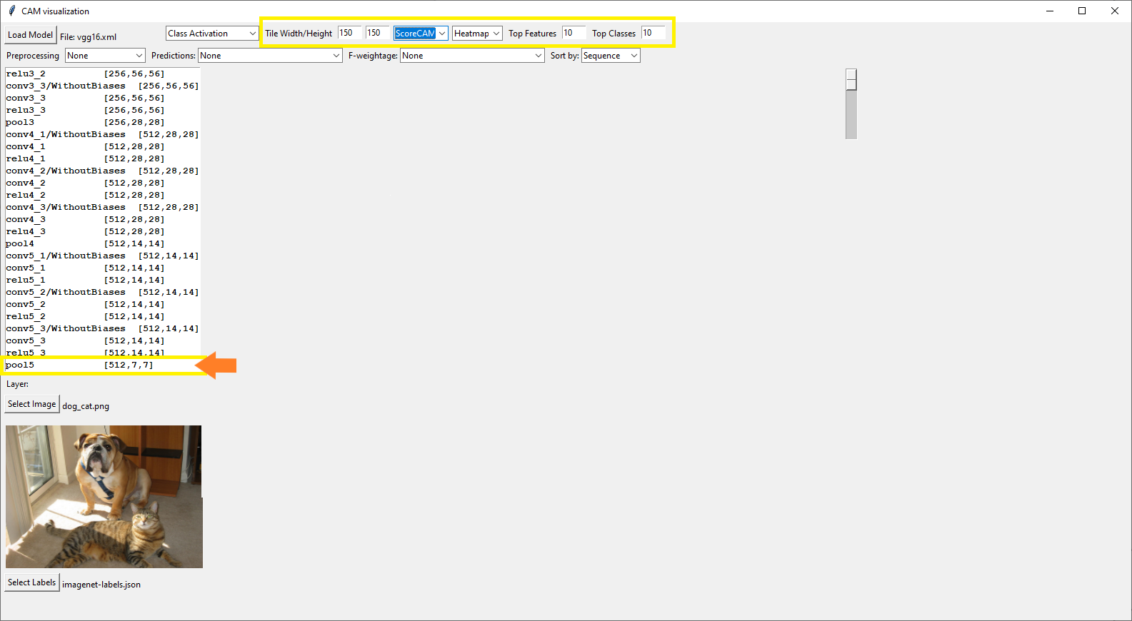 CAM Visualization GUI dashboard with a particular Layer labeled pool5 highlighted.