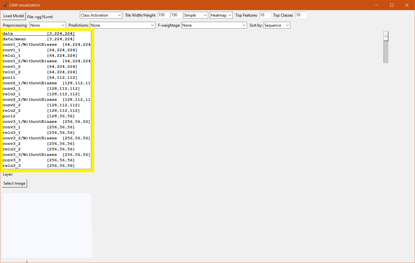 CAM Visualization GUI dashboard with the Layer information highlighted.