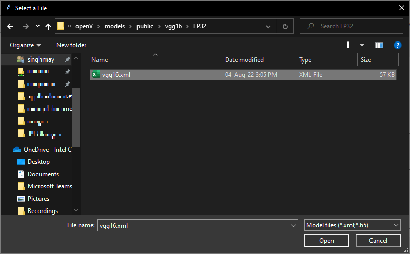 GUI dashboard for CAM Visualization showing the Select a File dialog (screen 1 of 2).