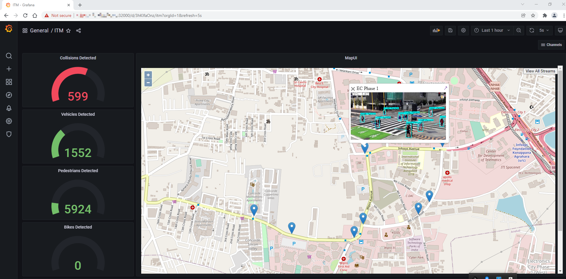 A web app dashboard with navigation, a large map of a city, and an analysis sidebar. The sidebar shows four metrics: number of collisions detected, number of vehicles detected, number of pedestrians detected, and number of bikes detected. The 8 blue drop pins on the map are the geographic coordinates of cameras. The image shows a small window of one camera feed and detected pedestrians are brightly outlined with blue.