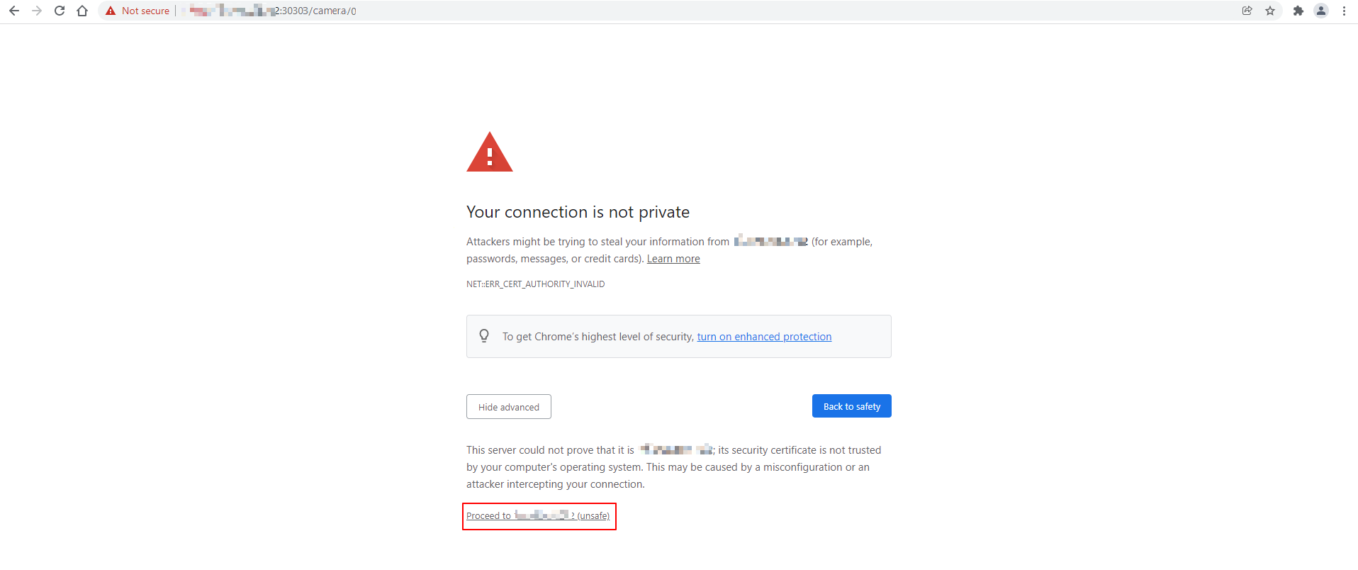 A browser window using the Camera URL and showing a warning message “Your connection is not private”. The option to Proceed to the website is outlined in red, indicating you should click the link. 