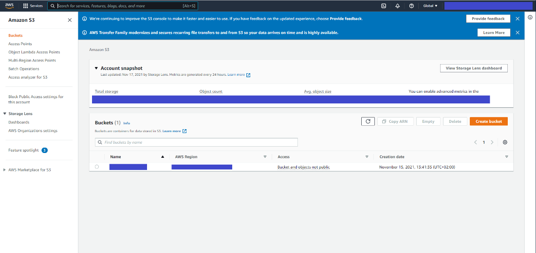 The AWS management console showing the AWS S3 Bucket dashboard with the Account snapshot and Buckets list in the main view. The Account Snapshot details, Bucket Name, and AWS Region are covered with a blue bar for security.