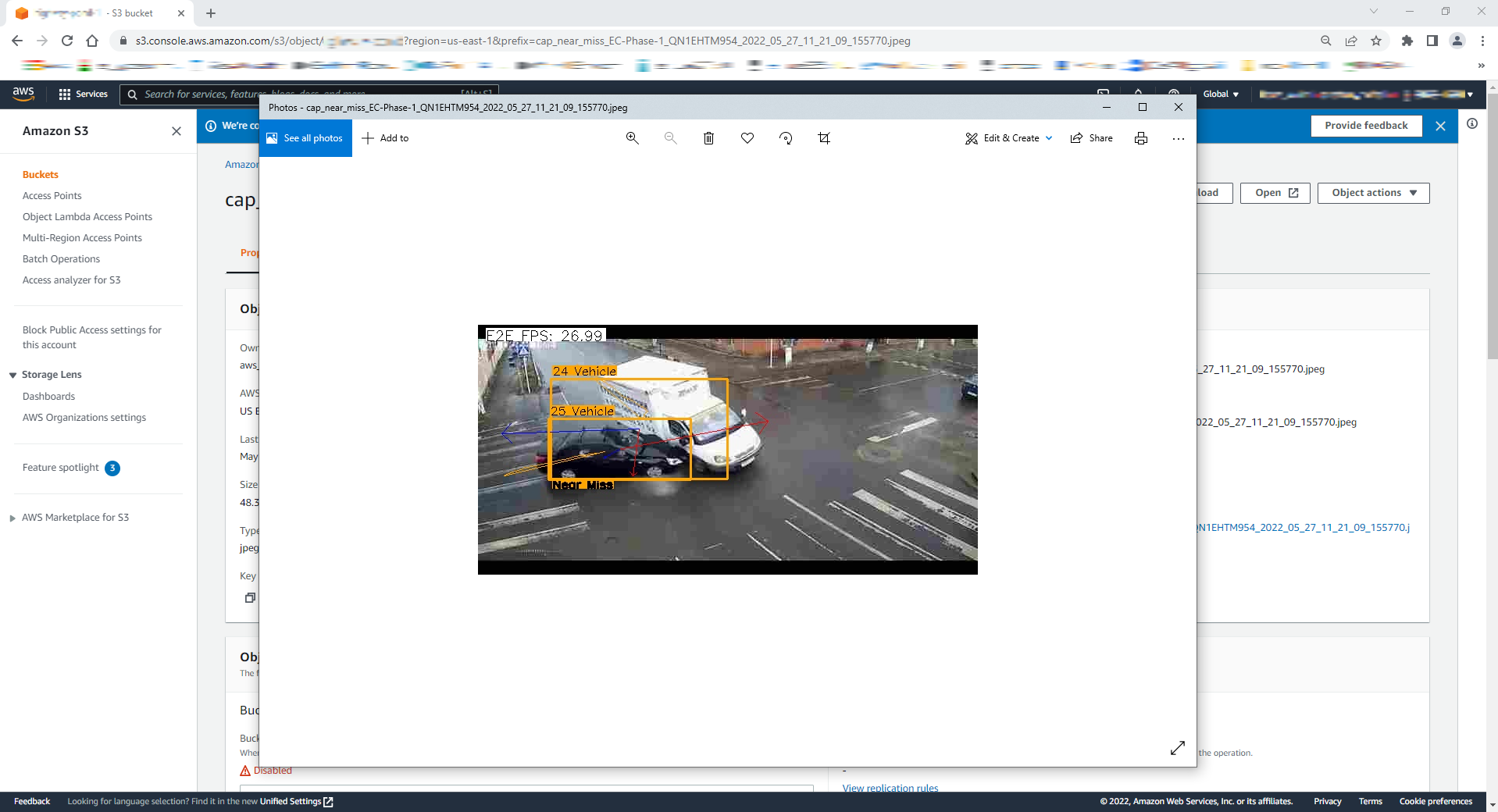 The AWS management console showing an AWS S3 Bucket Object photo. Detected vehicles are brightly outlined with orange.