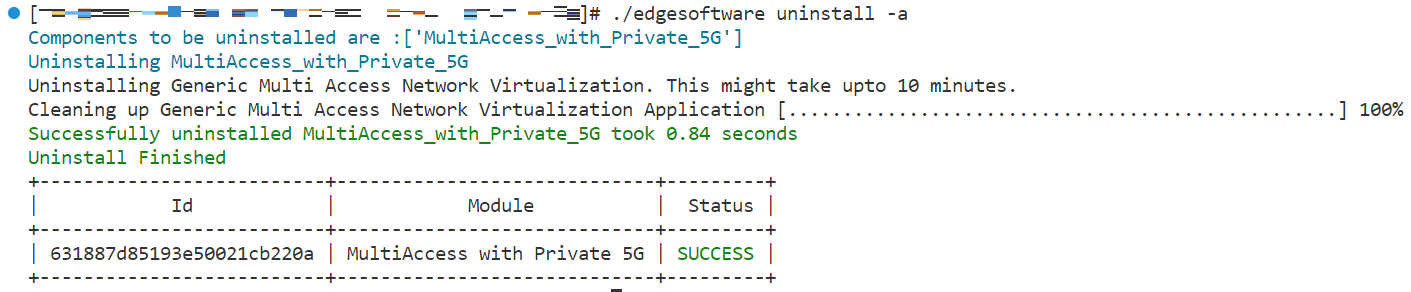 A console window showing the output of the "edgesoftware uninstall" command. The system displays output during the uninstall process. At the end of the process, the system displays the message “Uninstall finished” and the uninstallation status for each module.