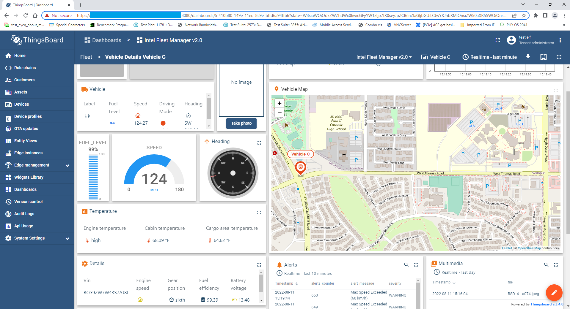 A browser window showing the ThingsBoard link with the Intel Fleet Manager dashboard in the main view. Several components are displayed, including Alerts, Temperature, and a map showing the vehicle location.