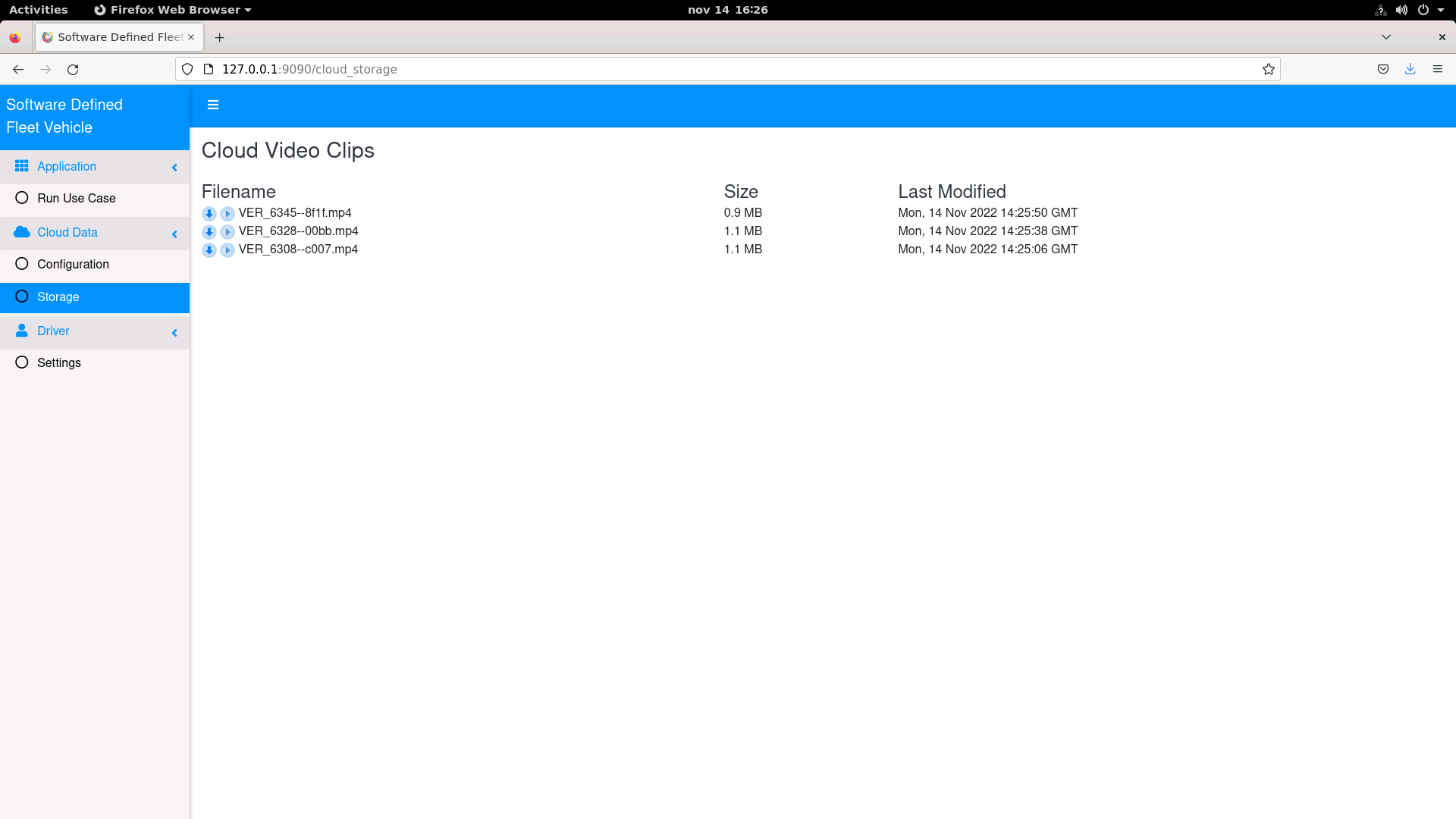 A web app dashboard showing the Storage menu option.