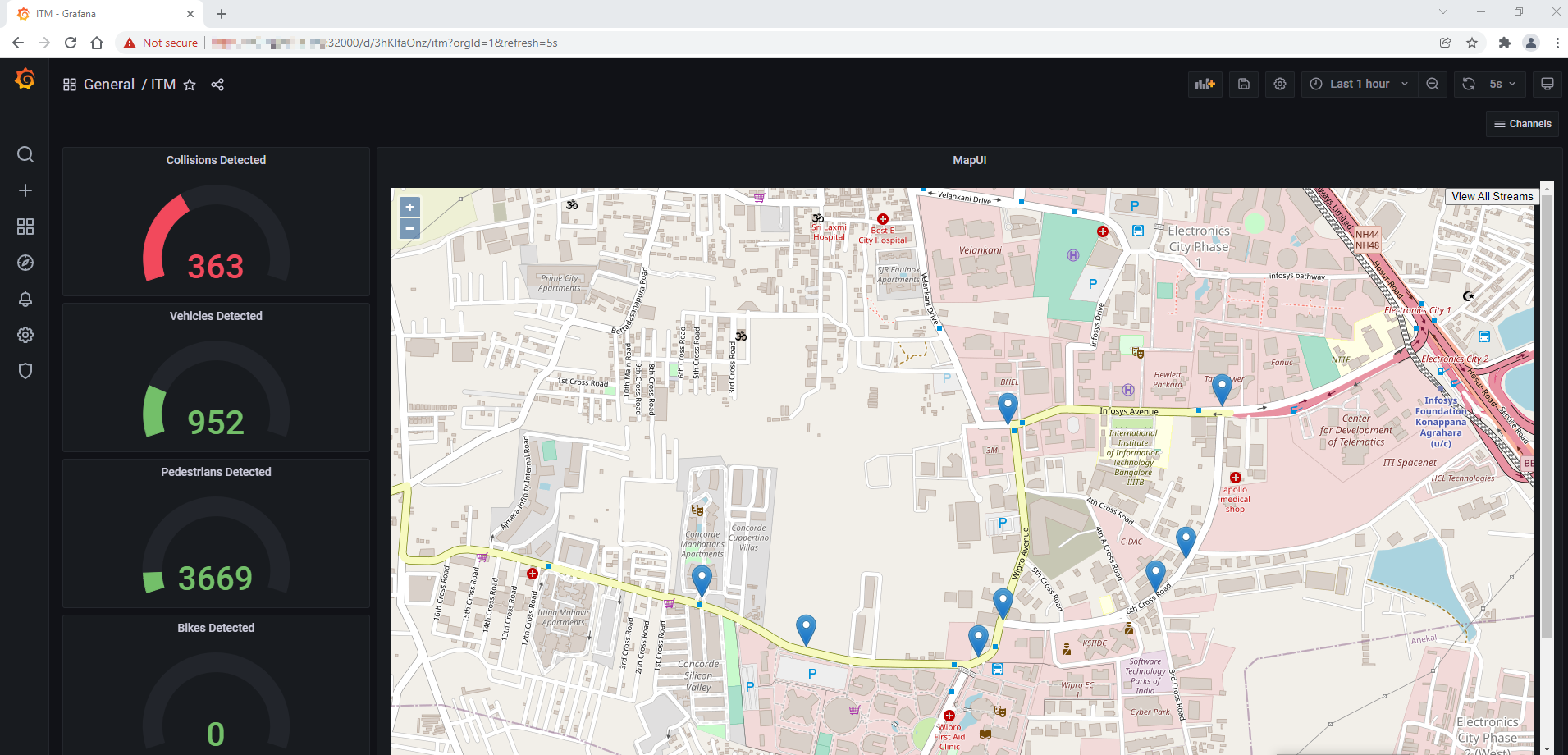 A web app dashboard with navigation, a large map of a city, and an analysis sidebar. There are 8 blue drop pins on the map. The sidebar shows four metrics: number of collisions detected, number of vehicles detected, number of pedestrians detected, and number of bikes detected.