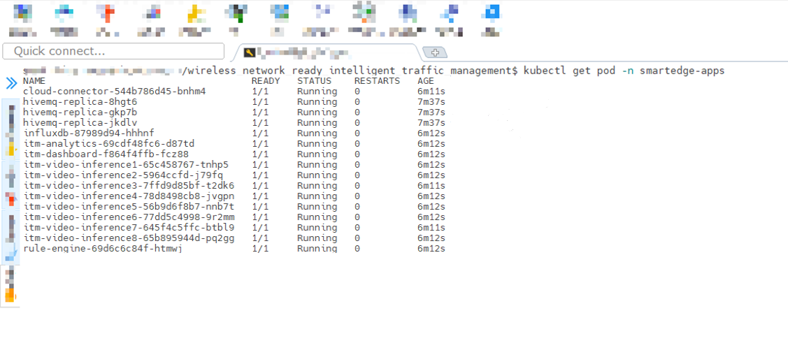 A console window showing system output after running the "kubectl get pod -n smartedge-apps" command. The system displays a list of the pods and their status. The expected status is "Running".