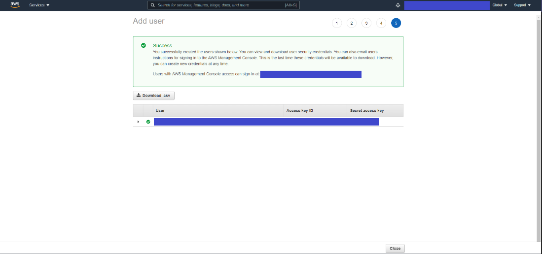 The AWS management console showing the IAM dashboard with the Add User Success dialog in the main view. The AWS Key and AWS Secret Access key are covered with a blue bar for security.