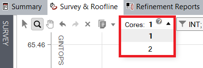 The dropdown for selecting the number of cores to scale the roofline to is located in the upper left corner of the roofline chart.
