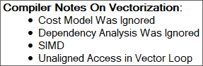 Compiler Notes as shown in Intel Advisor. "Unaligned Access in Vector Loop" is the most interesting entry here.