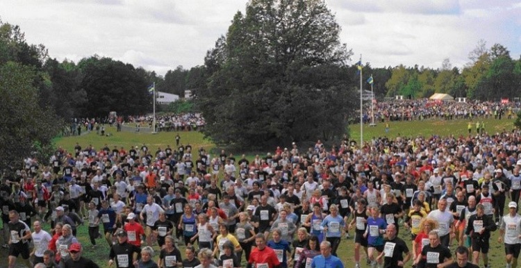 large crowd of joggers in a park
