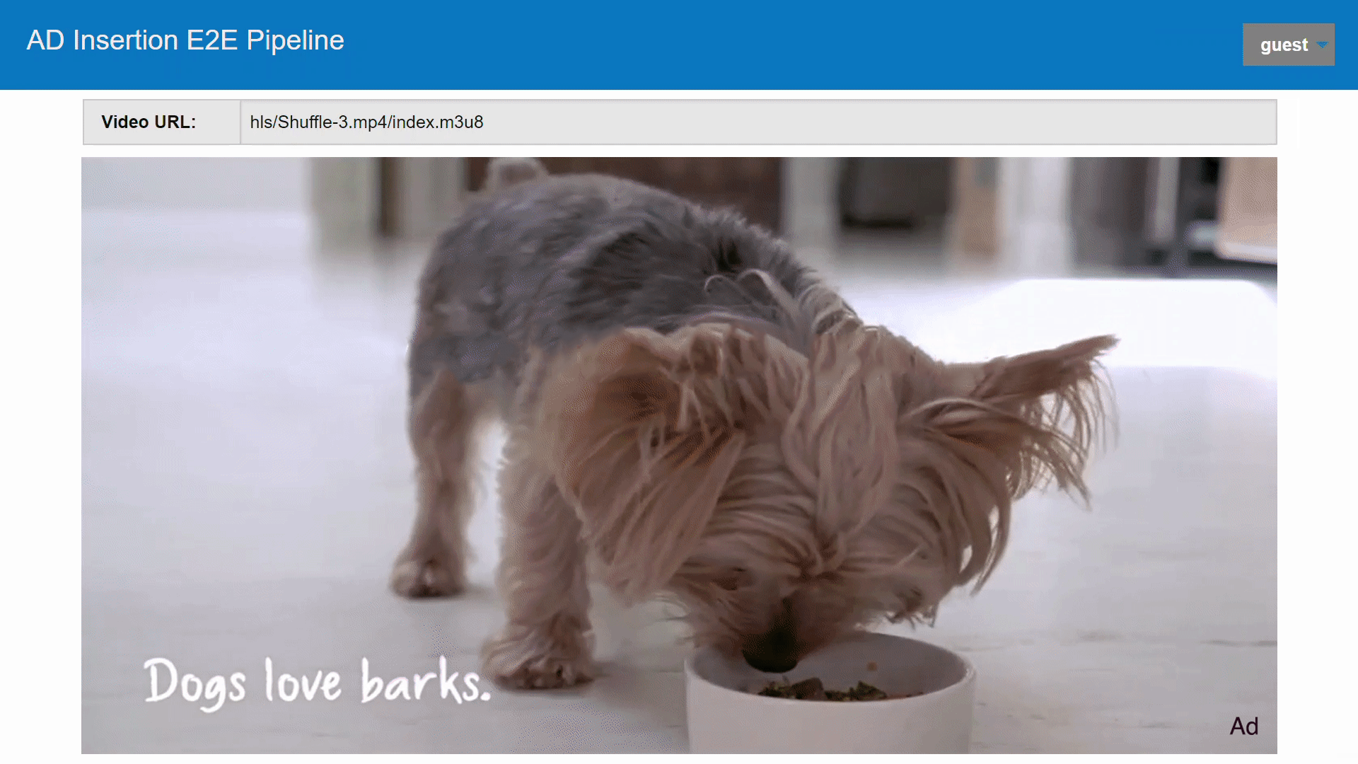 Ad Insertion Sample image of dog eating with the words "Dogs love barks."