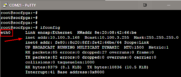 screenshot,  Run ifconfig to determine IP address