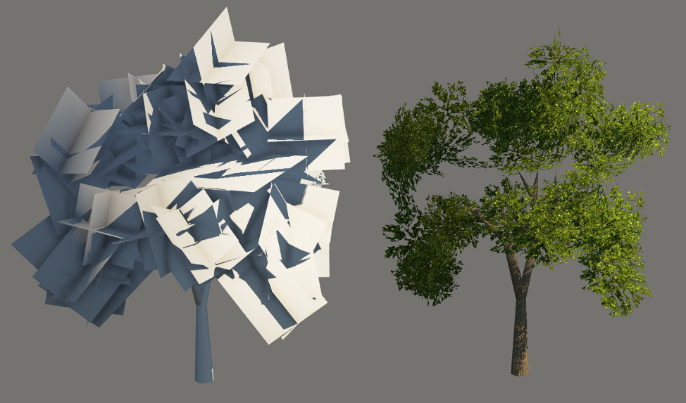 Highest detail of tree mesh shown when the game runs in low-quality settings, 458 triangles