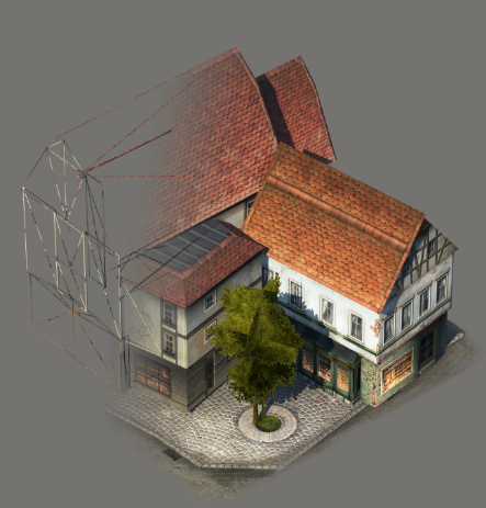 Level of detail of a building mesh with 200 triangles.