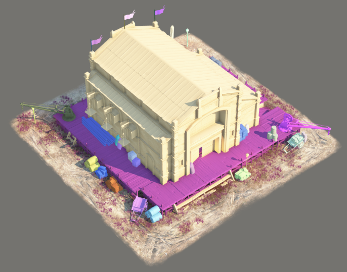 A warehouse building with its sub objects colorized. Most of the sub objects are culled by camera distance.