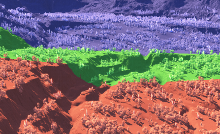 Colorized view of active shadow cascades at near-level camera pitch.