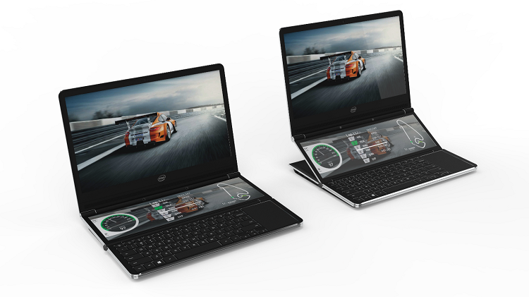 hinged screen left and screen above keyboard right
