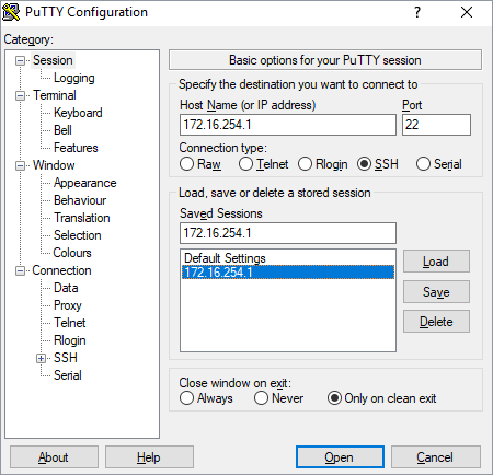 PuTTY Session Configuration