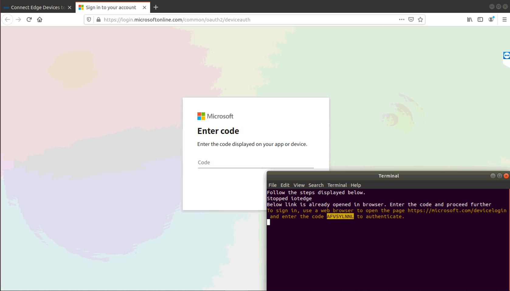 Screenshot of entering code